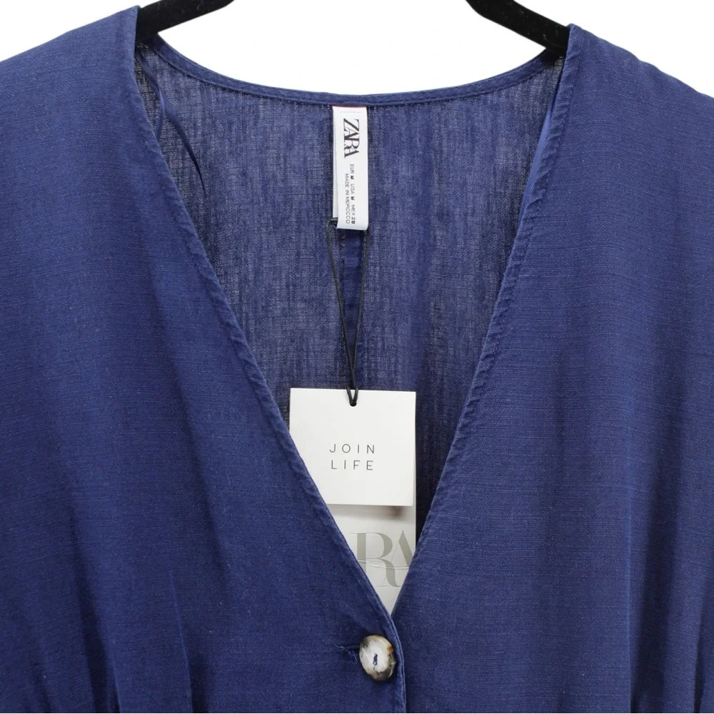NEW Zara Navy Linen Blend‎ Deep V Short Romper Resort Coastal Vacation M